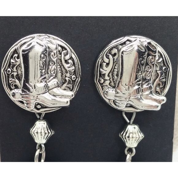 Western Cowgirl Chic Earrings Silver Tone Cowboy Hat Boots Vintage Dangle Light - Picture 6 of 9